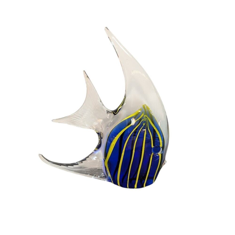 Vintage ANGELFISH Art Glass Paperweight Collectable Art Glass Blue Yellow Stripe